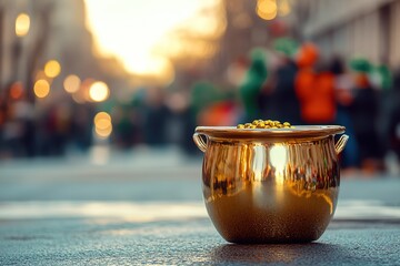 Shiny pot filled with gold sits on street, surrounded by festive