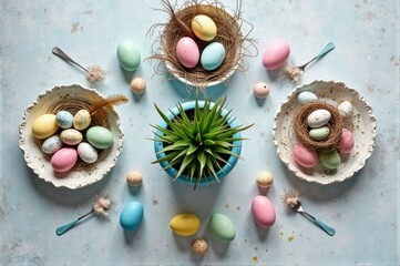 Wall Mural - Colorful easter arrangement with painted eggs and succulent plant on rustic background