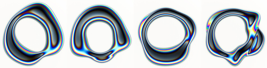 Aufkleber - Liquid melting metallic chrome plated rings on a white backround. 3D illustration in futuristic y2k style.