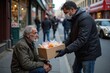 © WoodHunt - A woman in gloves and a mask is serving soup to a disheveled, dirty homeless man at a community center. The background shows a warm room with colorful decorations and tables