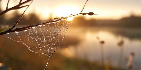 A delicate spiderweb adorned with dewdrops glistens in the early morning sunlight, beautifully highlighted against a soft focus natural background scene.