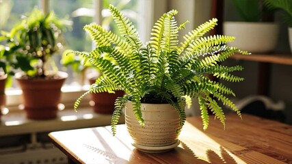 Wall Mural - Vibrant green fern plant in decorative pot on wooden table, surrounded by lush foliage, with sunlight enhancing serene indoor atmosphere.