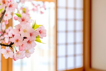 Canvas Print - Elegant traditional Japanese shoji sliding door framed by cherry blossoms and bamboo in a tranquil setting