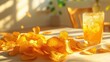 © AiiNa - Scattered Potato Chips on Wooden Table Next to Refreshing Cold Drink in Bright Natural Light