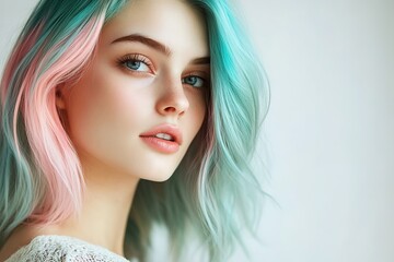 Wall Mural - Vibrant pastel hairstyle with blend of pink and blue hues enhanc