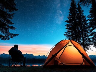 Wall Mural - A man sitting in a chair next to a tent under a starry sky