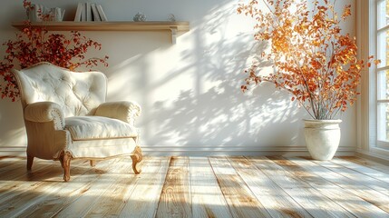 Sticker - Sunlit room with armchair, autumn branches, and wooden floors.