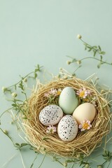 Colorful Easter eggs nestled in straw nest, adorned with delicat