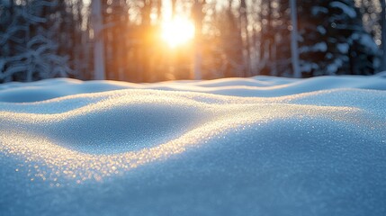 Wall Mural - Sunlit snowdrifts in a winter forest at sunset.