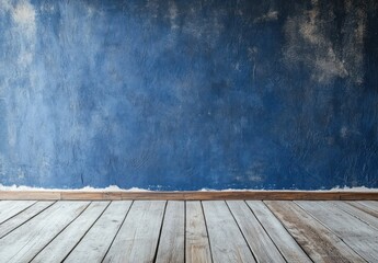 Sticker - Rustic wooden floor against a blue textured wall.