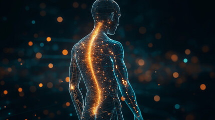 Wall Mural - Digital representation of a human body with glowing orange energy lines on a dark background. Abstract futuristic concept of science and technology