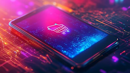 A smartphone on a colorful gradient background with a shopping cart icon and glowing lines representing online connectivity