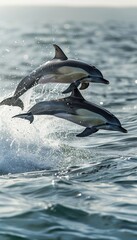 Playful dolphins leap in harmony above sparkling sea, showcasing ocean s grace and energy