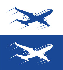 Airplane in blue sky icon. Plane silhouette on transparent and blue background