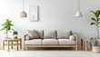 © vectorartificer - Modern Minimalist Living Room Interior Design Beige Sofa Wooden Furniture Plants