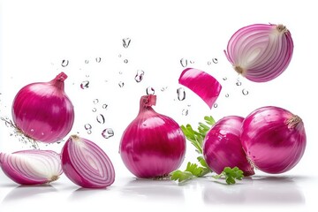 Splashes of freshness onions in water kitchen setting culinary photography vibrant colors close-up viewpoint healthy eating