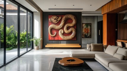 Wall Mural - Modern Living Room Featuring Intricate Wooden Snake Artwork