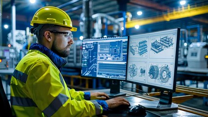 Engineer working on industrial designs using computer in manufacturing facility during daytime