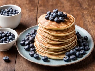 Wall Mural - Fluffy pancake tower adorned with fresh blueberries and drizzled with syrup. Perfectly styled for brunch themes, showcasing comfort food and delightful flavors. Ideal for food-related content.