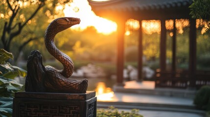 Canvas Print - Wooden Snake Sculpture in Garden Setting at Sunset