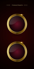 Two red luxury vector circular buttons design featuring a rich burgundy red center, enclosed by a shiny gold metallic border. used in banner, button, web UI design.