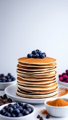 Wall Mural - Appetizing pancake tower drizzled with syrup and adorned with ripe blueberries. Perfect for brunch spreads, celebrating comfort food and delicious flavors. Great for food-related projects.