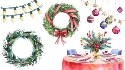 Wall Mural - Watercolor Christmas Decorations Wreaths Ornaments Festive Table Setting Holiday Lights