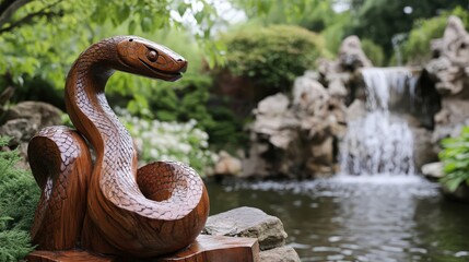 Poster - Intricate Wooden Snake Sculpture Near Waterfall