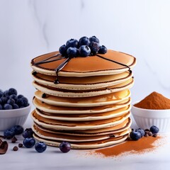 Wall Mural - Delicious stack of pancakes topped with blueberries and syrup. Ideal for breakfast themes, emphasizing warmth and comfort. Perfect for food photography and recipe inspiration.