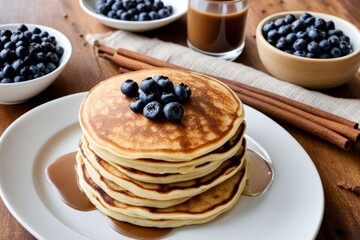 Wall Mural - Golden pancakes layered high, finished with syrup and fresh blueberries. Perfect for breakfast visuals, celebrating indulgence and delightful flavors. Great for food marketing and culinary projects.