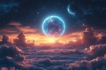 Wall Mural - majestic cosmic vista featuring a glowing blue planet surrounded by vibrant nebulas and a distant mo