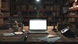 © decorator - Warehouse workspace  wooden table with laptop, barcode scanner, and packaging supplies in dim light