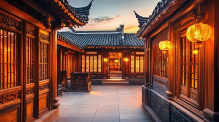 Wall Mural - Serene Courtyard Illuminated by Warm Evening Light