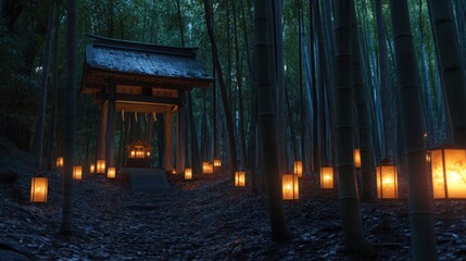 Wall Mural - Illuminated Shrine Path Through Bamboo Forest at Night