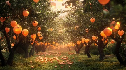 Wall Mural - Enchanting orange orchard lanterns illuminate sunset path