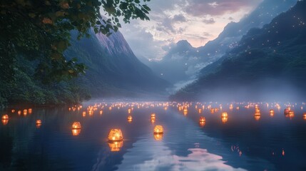 Sticker - Serene Floating Lanterns Illuminate Mountain Lake Twilight