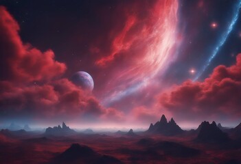 Wall Mural - fantasy galaxy landscape red glowing el clouds stars alien background blue