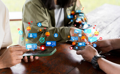 people engaging in networking with technology. social media addiction concept. social media network 