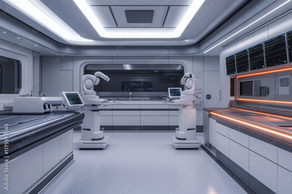 Futuristic lab equipped with robotic arms and sleek design, showcasing ...