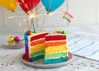 Wall Mural - A multi-layered rainbow cake with a sparkler and a small flag on it is sitting on a cake plate, surrounded by balloons and party decorations.