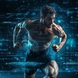 © Yuan - A fit man running with digital effects, showcasing athleticism and technology