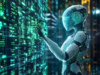 Canvas Print - artificial intelligence robot humanoid digital encrypted data streams protective barrier shield cybe