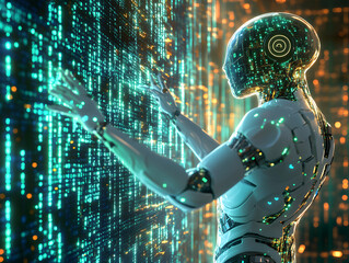 Canvas Print - artificial intelligence robot humanoid digital encrypted data streams protective barrier shield cybe