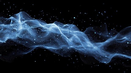 abstract blue wave of particles on black background.