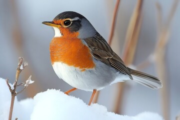 Wall Mural - Red-breasted robin perched on snow covered branch in winter