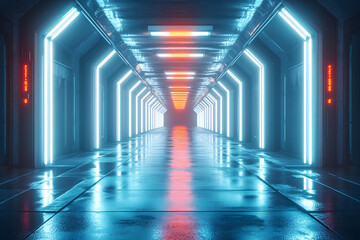 Wall Mural - a 3d rendering of a futuristic, sci-fi room with white neon tube lights glowing on a concrete floor,