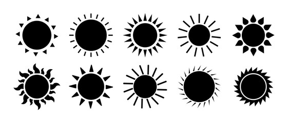 Wall Mural - Sun vector silhouette set in black colour. Sun icon set. Black sun icon collection. Summer, sunlight, nature, weather icon sky. Vector illustration isolated on white background.