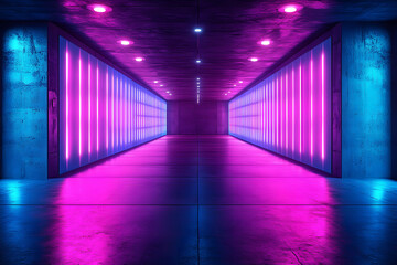 Wall Mural - a 3d rendering of a dark, empty concrete room with big panel led lights in blue and purple, creating