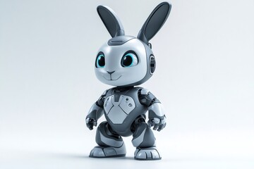 Poster - Cute robot bunny standing on white background: futuristic robotic hare