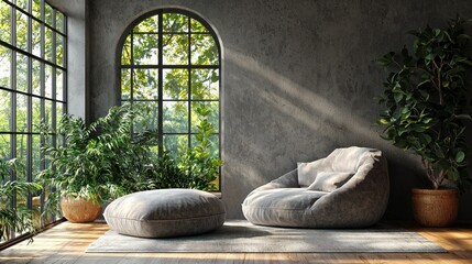 Cozy, modern room with large windows, beanbag chair, and pouf, filled with natural light and greenery.